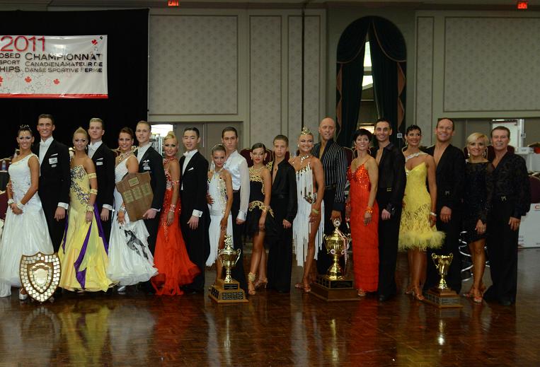 2011 Canadian Closed Competition <br>
From Left to Right Adult Standard 1st Antoaneta Popova & Anton Belyayev , Ontario, 2nd  Anastasia Trutneva & Alon Gilin, Ontario, Youth Standard 1st Ella Nusenbaum & Patrick Rucinski, Ontario, 2nd Anna Nina Kus & Winson Tam, Ontario; Junior Latin 1st Morgana Lakatos-Hayward & Richard Lifshitz, Quebec, 2nd Sabrina Flisfeder & Tony Cooperman, Ontario; Senior I Latin 1st Elena Sineinikova & Jim Deglau , Alberta, 2nd  Manon Lemay & Yvan Lacroix, Quebec; Senior II Latin 1st Jocelyne Pasquier & Christophe , Ontario, 2nd Diane & Claude Demers, Quebec